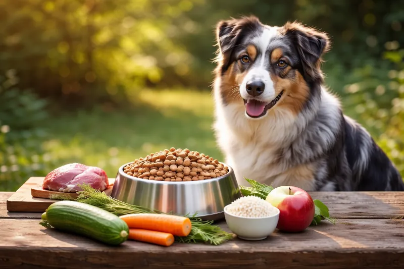 Immagine di un Pastore Australiano seduto all’aperto davanti a una ciotola di crocchette, affiancata da ingredienti freschi come carne, verdure e riso, a rappresentare un’alimentazione varia ed equilibrata.