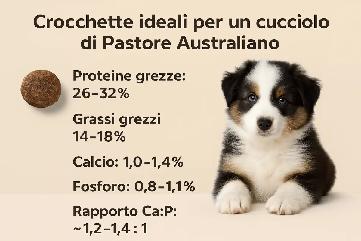 Immagine didattica con un cucciolo di Pastore Australiano e una lista dei valori nutrizionali ideali delle crocchette per la crescita (proteine, grassi, calcio, fosforo e rapporto Ca:P).