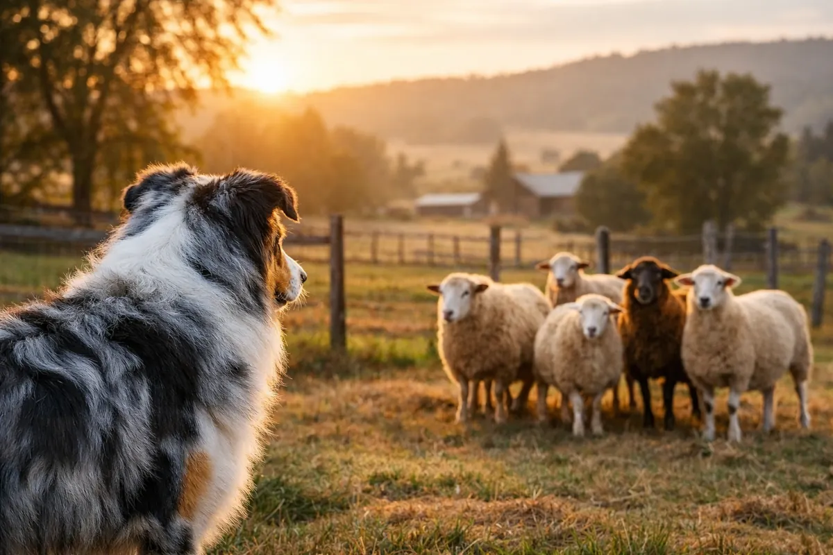 Un Australian Shepherd blu merle osserva attentamente un piccolo gruppo di pecore in un pascolo al tramonto. La scena richiama il lavoro tradizionale dei cani da pastore e il legame tra selezione funzionale, esperienza degli allevatori e gestione delle linee di sangue.