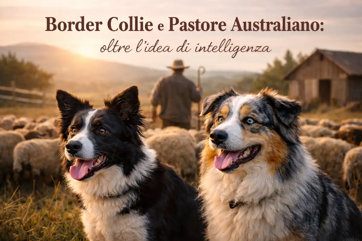 Un Border Collie e un Pastore Australiano ritratti insieme in un contesto rurale, con il gregge sullo sfondo. L’immagine richiama le origini funzionali delle due razze e invita a superare una lettura semplificata basata solo sull’idea di intelligenza.