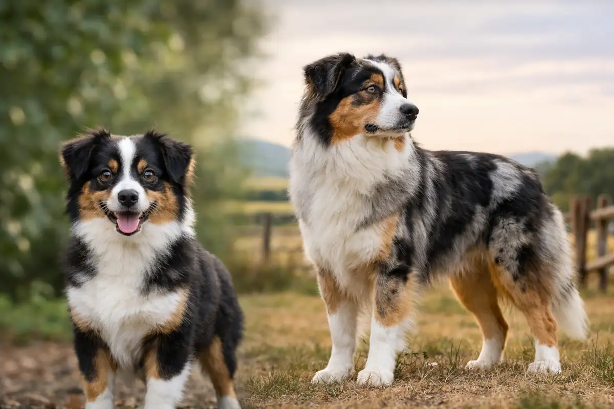 Un Miniature American Shepherd e un Australian Shepherd ritratti nello stesso contesto naturale. L’immagine accompagna un approfondimento sulle differenze caratteriali, funzionali e di selezione tra le due razze, oltre la semplice distinzione di taglia.