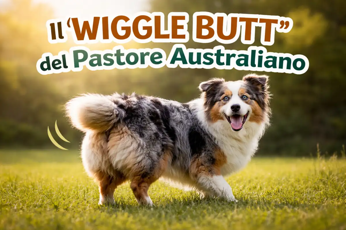 Australian Shepherd sorridente in controluce su un prato, con movimento del posteriore evidenziato per rappresentare il wiggle butt