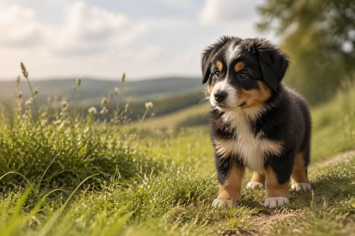 Cucciolo black tri di Pastore Australiano in un prato, ritratto in luce naturale mentre osserva l’ambiente con espressione attenta e curiosa. Un’immagine pensata per accompagnare un articolo dedicato alla crescita e allo sviluppo dell’Aussie nei primi mesi di vita.