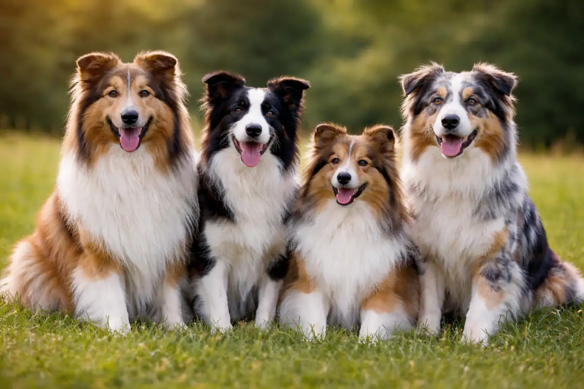 Quattro cani da pastore seduti fianco a fianco in un ambiente naturale: un Collie, un Border Collie, un Pastore delle Shetland e un Pastore Australiano. L’immagine rappresenta le affinità e le differenze tra razze sviluppatesi a partire da un bacino funzionale comune, poi adattate a contesti, lavori e selezioni diverse.