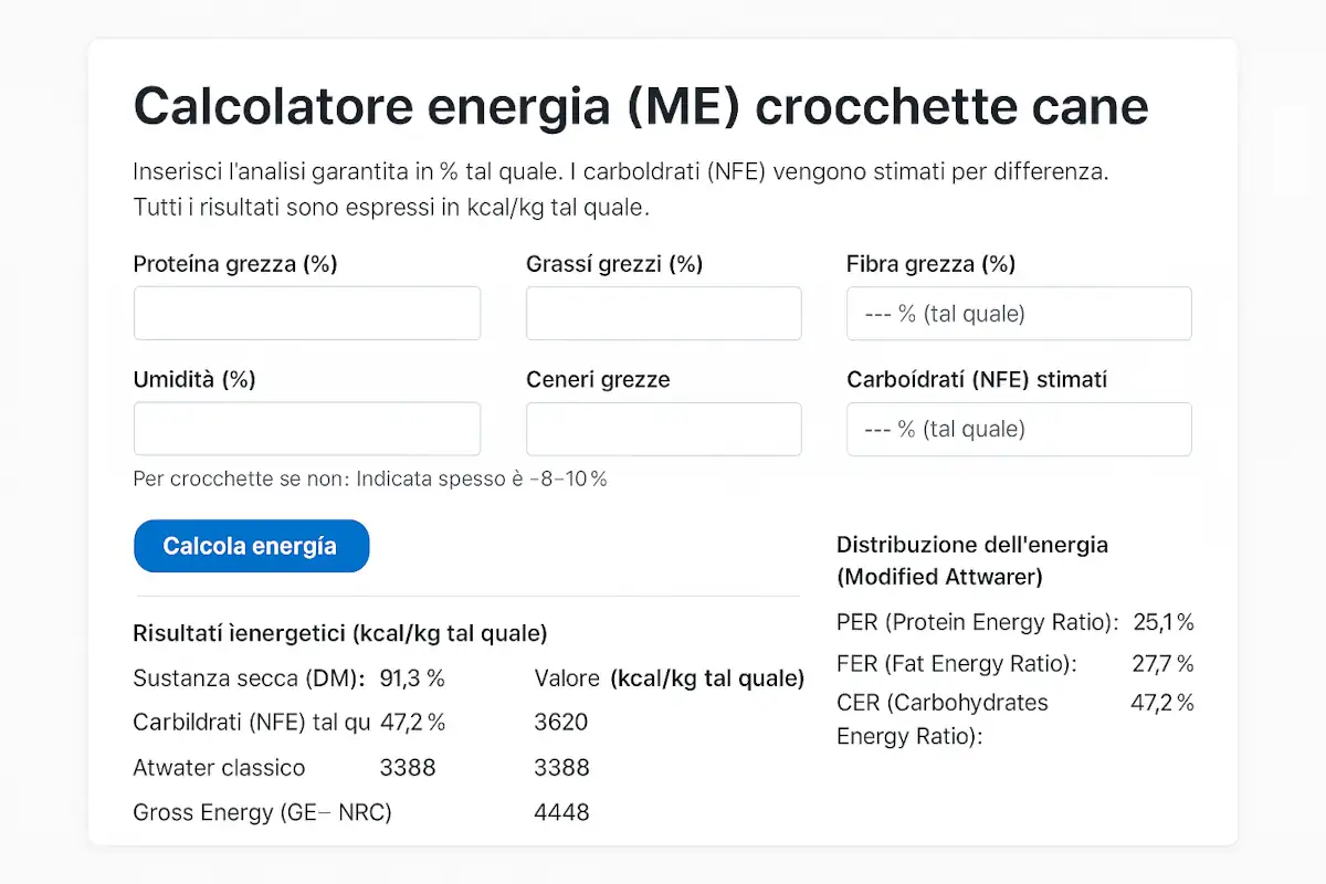 Interfaccia del calcolatore di energia metabolizzabile (ME) per crocchette per cani, con campi per inserire analisi garantita e risultati in kcal/kg.