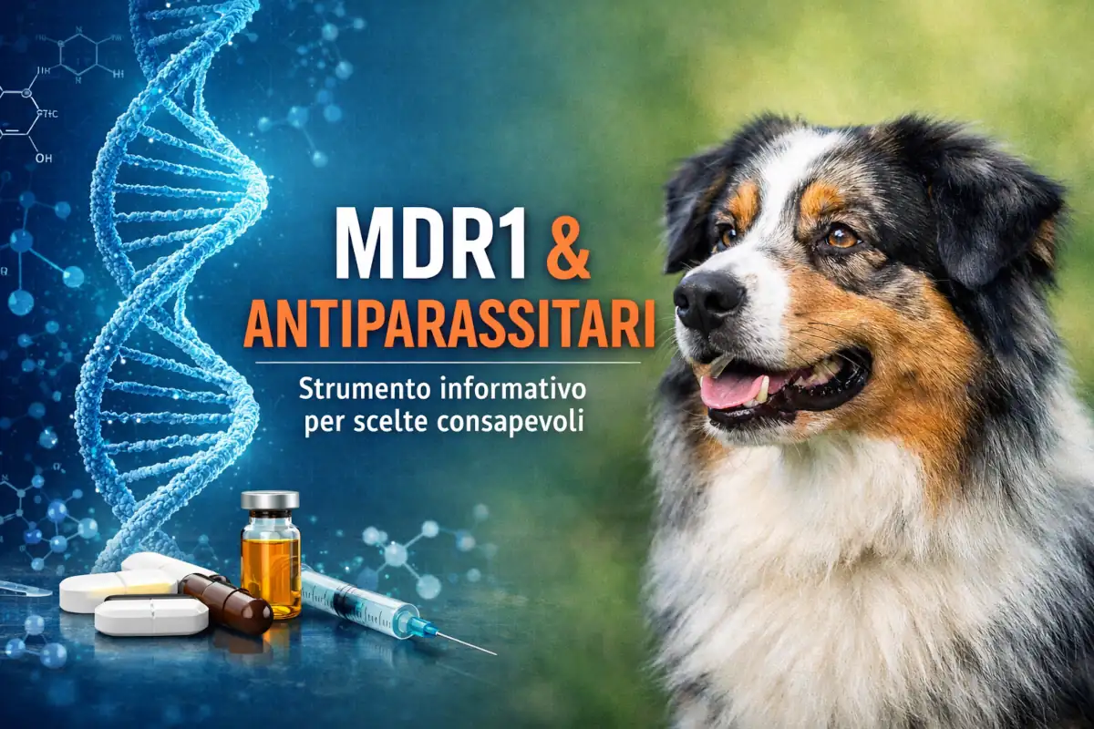 Illustrazione concettuale sul rapporto tra mutazione MDR1, farmaci antiparassitari e Australian Shepherd, con focus su genetica e valutazione del rischio.