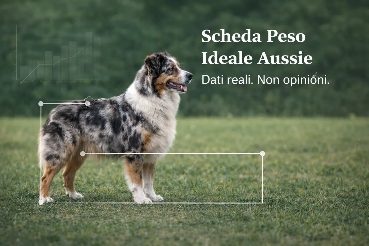 Australian Shepherd in posizione laterale su prato con indicatori grafici di misurazione corporea (altezza e lunghezza), utilizzato per rappresentare la raccolta dati sul peso ideale nella razza.