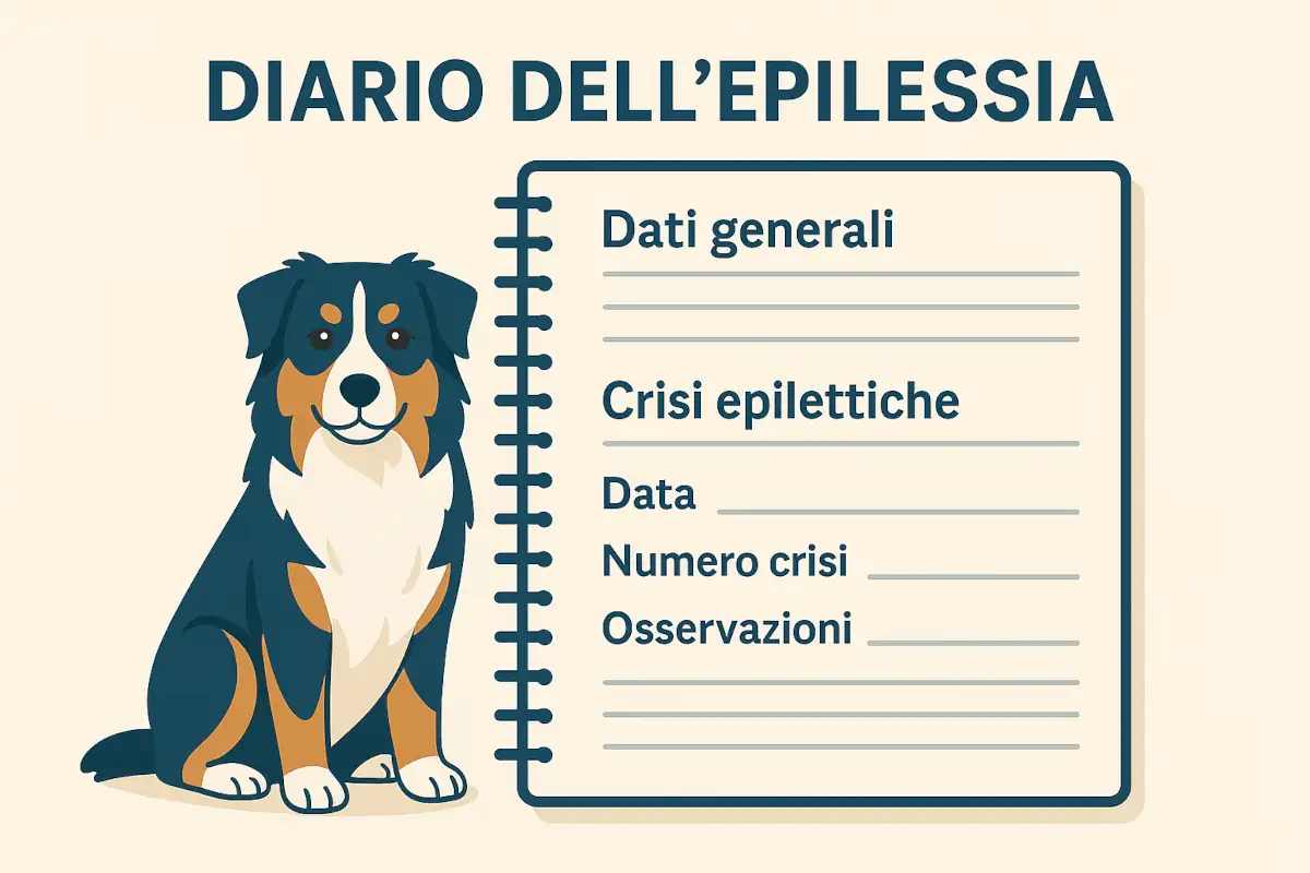 Illustrazione di un Pastore Australiano seduto accanto a un quaderno intitolato "Diario dell’epilessia", con spazi per dati generali, crisi, data, numero crisi e osservazioni.