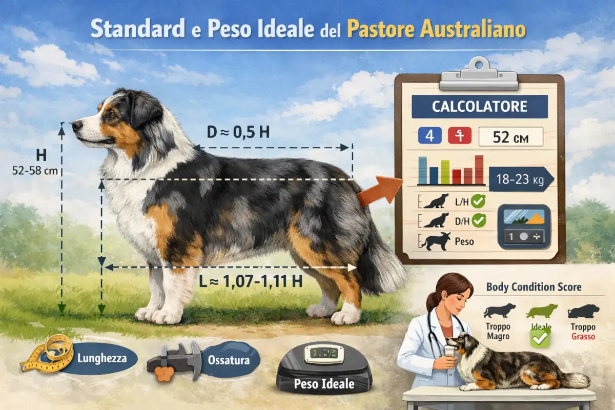 Infografica didattica sul Pastore Australiano con misure di standard (altezza al garrese, profondità torace, lunghezza del corpo) e calcolatore per stimare il peso ideale, con richiamo al Body Condition Score.