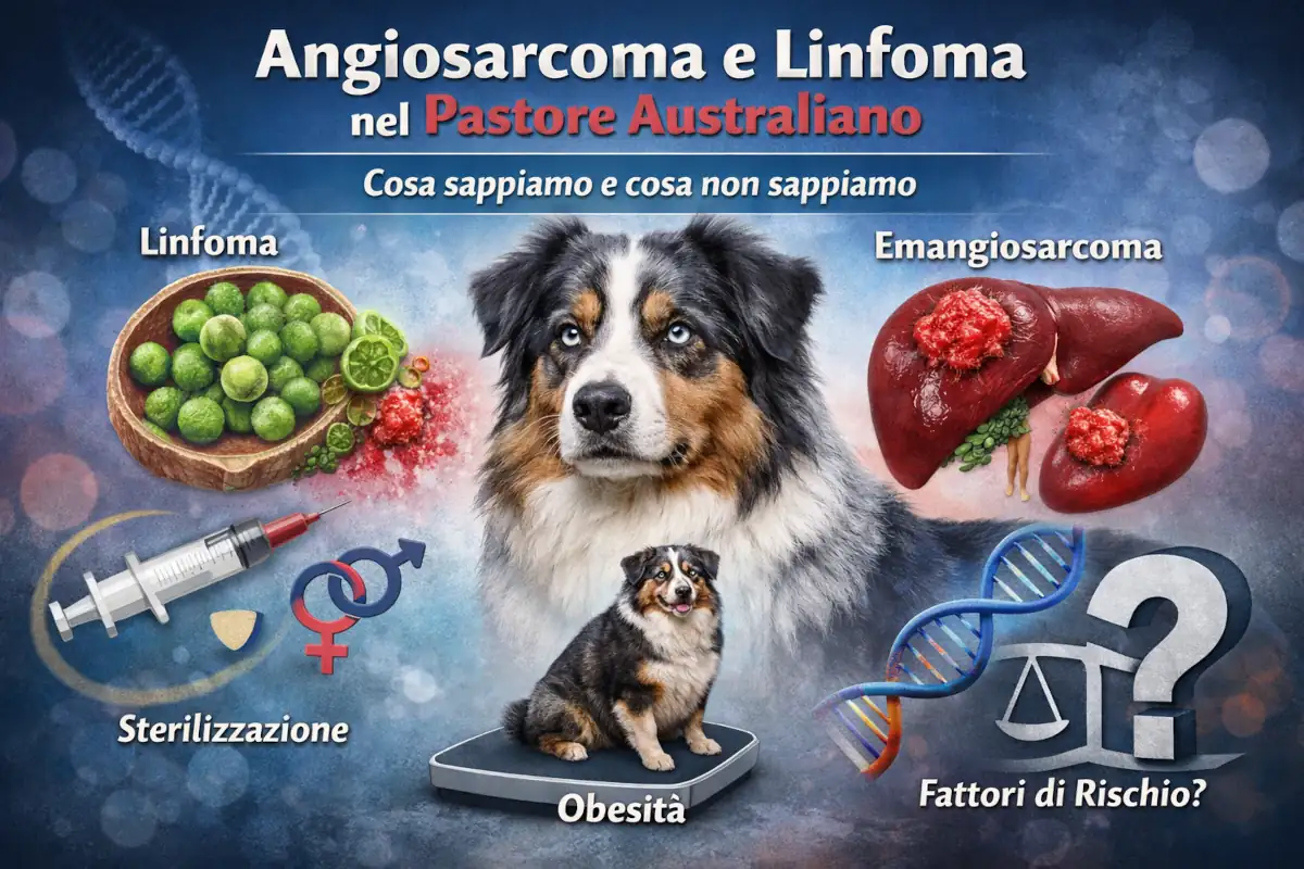 Illustrazione informativa dedicata al tema di linfoma ed emangiosarcoma nel Pastore Australiano, con riferimento ai principali fattori di rischio discussi in letteratura veterinaria, tra cui predisposizione genetica, obesità e sterilizzazione. L’immagine accompagna un approfondimento scientifico su ciò che è noto e ciò che è ancora oggetto di studio.