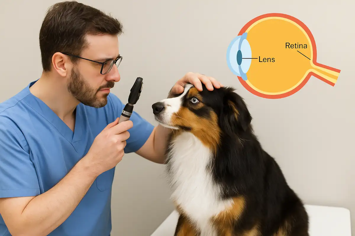 Veterinario oculista che esamina con un oftalmoscopio gli occhi di un Pastore Australiano seduto sul tavolo visita, con a lato un piccolo schema stilizzato dell’occhio che indica retina, cristallino e nervo ottico.