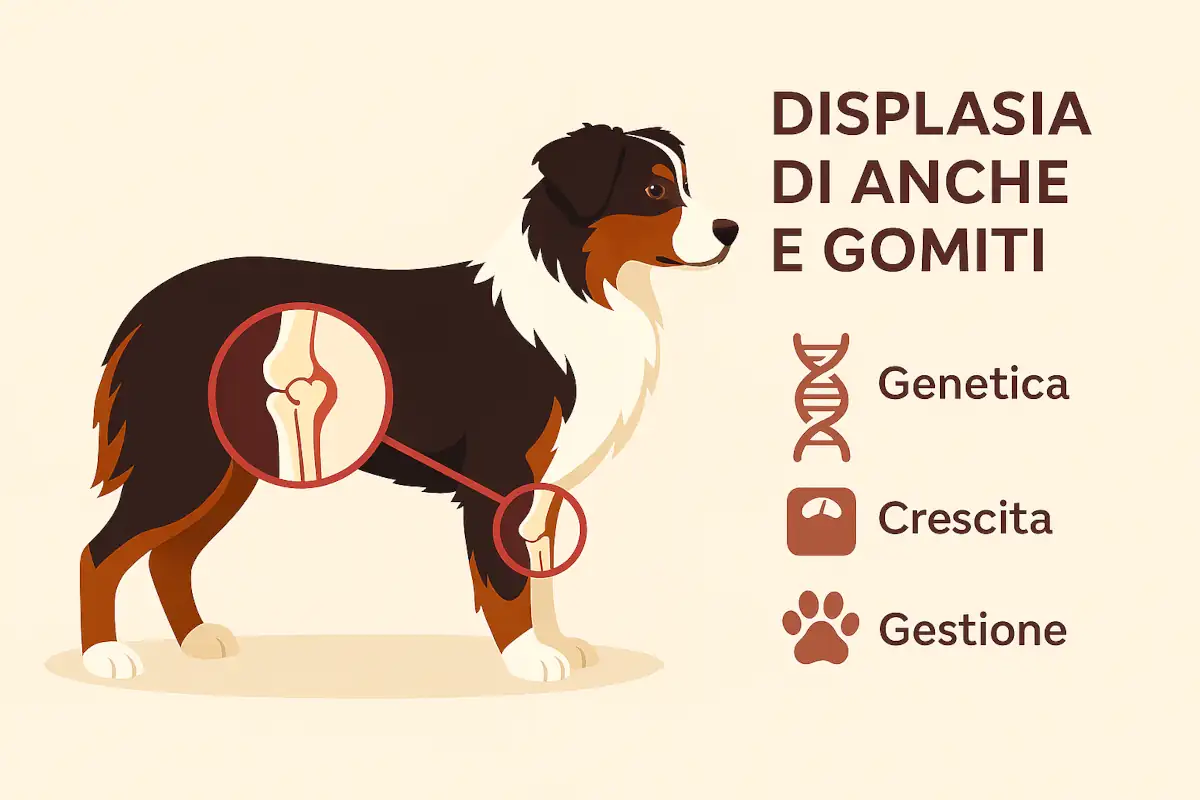 Illustrazione didattica di un Pastore Australiano di profilo, con le articolazioni di anche e gomiti evidenziate in modo semplificato. Accanto, piccole icone e brevi etichette spiegano che la displasia è un problema di sviluppo articolare influenzato da genetica, crescita e gestione, senza mostrare immagini dolorose o allarmistiche.