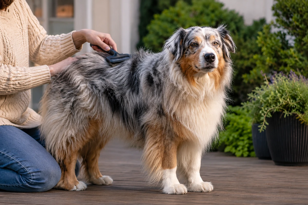 Un Pastore Australiano blue merle adulto viene spazzolato con delicatezza su una veranda, in un contesto domestico e naturale. Il mantello appare fitto, abbondante e leggermente lanoso, senza suggerire un problema patologico, ma richiamando in modo realistico il tema della gestione del pelo dopo la sterilizzazione.