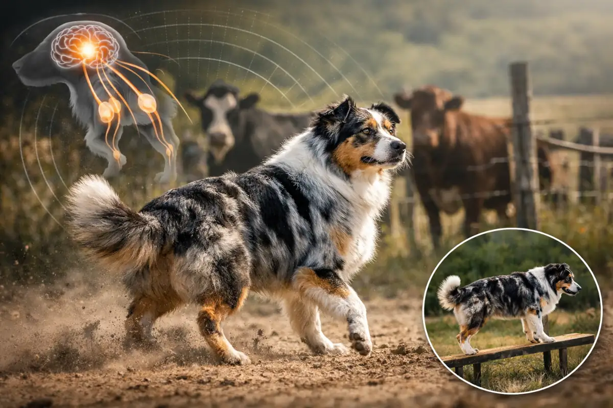 Australian Shepherd in arretramento controllato con focus in avanti; overlay illustrativo su propriocezione, equilibrio e controllo del posteriore.