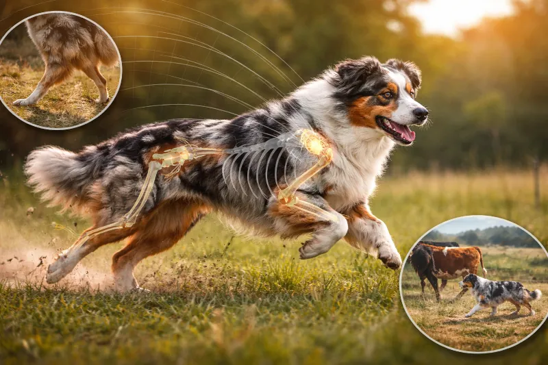 Immagine di un Pastore Australiano in movimento in ambiente naturale, con elementi visivi che evidenziano struttura, articolazioni e dinamica, a rappresentare la relazione tra forma, funzione ed efficienza nel lavoro.
