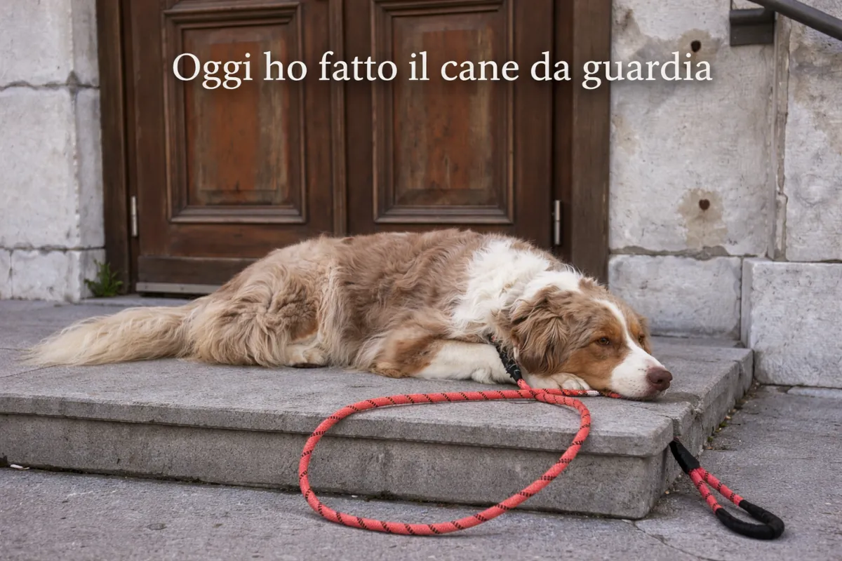 Un Pastore Australiano red merle è sdraiato sui gradini di un edificio, rilassato mentre il guinzaglio è appoggiato accanto a lui, simbolo di un momento di pausa in cui il cane affida al proprietario il ruolo di osservazione dell’ambiente.