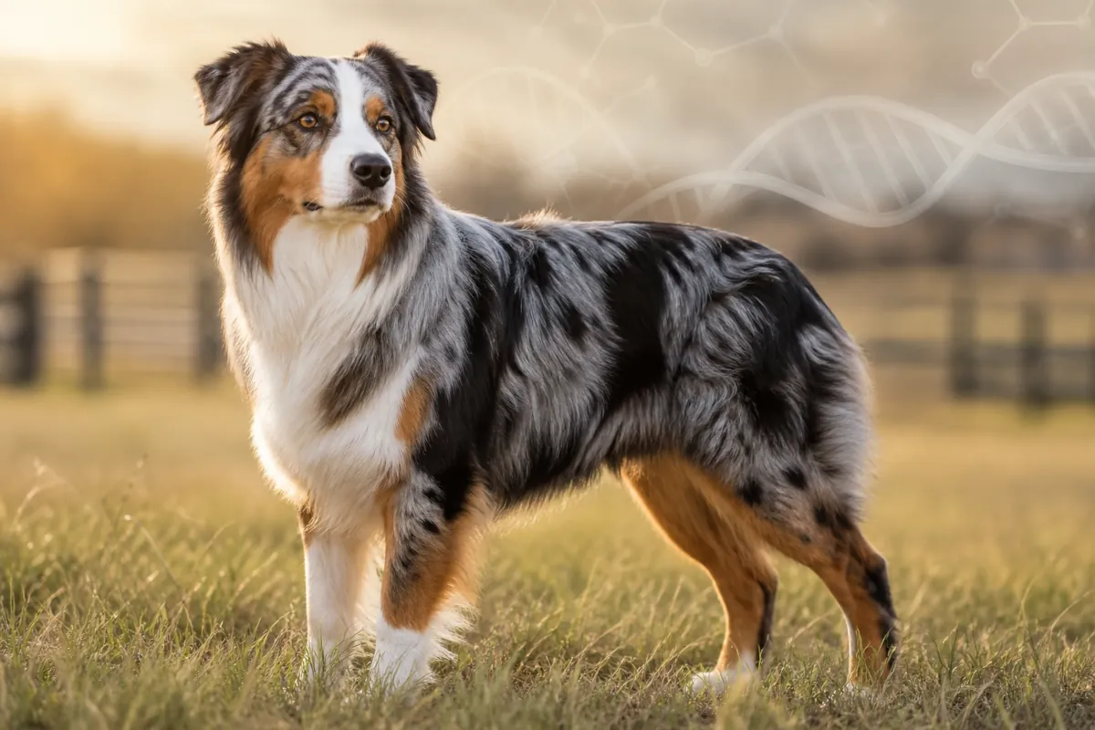 Un Pastore Australiano blue merle adulto è ritratto in piedi in un prato, con luce calda naturale e sfondo sfocato. Il cane mostra un mantello di media lunghezza, con tessitura naturale, frange moderate e aspetto funzionale. Sullo sfondo compare un leggero motivo grafico ispirato al DNA, a richiamare il tema della genetica del mantello.