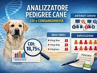 Illustrazione grafica di un cane con elementi visivi legati alla genetica e al pedigree, tra cui DNA, diagrammi genealogici e indicatori di consanguineità (COI), che rappresentano l’analisi della struttura genealogica nel cane.