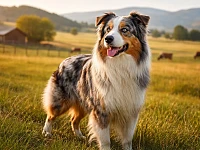 Un Pastore Australiano blue merle in posizione attenta osserva l’ambiente circostante in un paesaggio rurale, con un ranch e del bestiame sullo sfondo. La scena richiama il contesto di lavoro per cui la razza è stata selezionata, evidenziandone attenzione, intelligenza e capacità di controllo.