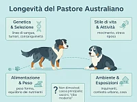 Infografica sulla longevità del Pastore Australiano con un cane giovane e uno anziano collegati da una linea del tempo. Intorno sono mostrati quattro fattori che influenzano l’aspettativa di vita: genetica e selezione, stile di vita e attività, alimentazione e peso, ambiente ed esposizioni. Nella parte inferiore è presente una nota che indica come vaccini e cibo moderno non siano dimostrati come causa principale della riduzione della longevità.