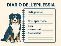 Illustrazione di un Pastore Australiano seduto accanto a un quaderno intitolato "Diario dell’epilessia", con spazi per dati generali, crisi, data, numero crisi e osservazioni.