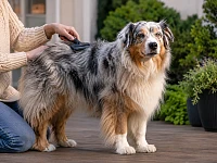 Un Pastore Australiano blue merle adulto viene spazzolato con delicatezza su una veranda, in un contesto domestico e naturale. Il mantello appare fitto, abbondante e leggermente lanoso, senza suggerire un problema patologico, ma richiamando in modo realistico il tema della gestione del pelo dopo la sterilizzazione.