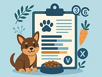 Illustrazione in stile flat con un cane seduto accanto a una ciotola di crocchette e a una scheda nutrizionale, simboli di Omega 3 e 6, vitamine e ingredienti. L'immagine rappresenta la valutazione della qualità delle crocchette e l’analisi nutrizionale completa.