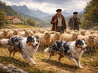 Illustrazione realistica che rappresenta due pastori baschi mentre guidano un gregge di pecore in un paesaggio montano. In primo piano due Pastori Australiani blue merle aiutano a controllare il movimento del gregge, evocando il legame storico tra tradizioni pastorali europee e lo sviluppo della razza negli Stati Uniti.