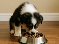 Foto di un cucciolo di Pastore Australiano seduto vicino alla ciotola, usata per introdurre la guida sull’alimentazione nelle prime fasi di vita.
