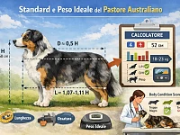 Infografica didattica sul Pastore Australiano con misure di standard (altezza al garrese, profondità torace, lunghezza del corpo) e calcolatore per stimare il peso ideale, con richiamo al Body Condition Score.