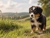 Cucciolo black tri di Pastore Australiano in un prato, ritratto in luce naturale mentre osserva l’ambiente con espressione attenta e curiosa. Un’immagine pensata per accompagnare un articolo dedicato alla crescita e allo sviluppo dell’Aussie nei primi mesi di vita.