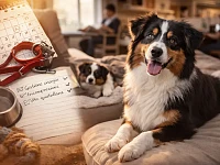 Immagine di un Pastore Australiano black tricolor in ambiente domestico, circondato da oggetti legati alla vita quotidiana come guinzaglio, giochi e appunti, a rappresentare la gestione e la convivenza con il cane nella routine di tutti i giorni.