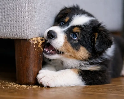 Un cucciolo di Pastore Australiano rosicchia il piedino in legno di un divano durante una fase di esplorazione e masticazione. L’immagine rappresenta un comportamento normale nei cuccioli, spesso legato a immaturità neurologica, dentizione e gestione non ancora strutturata dell’ambiente.